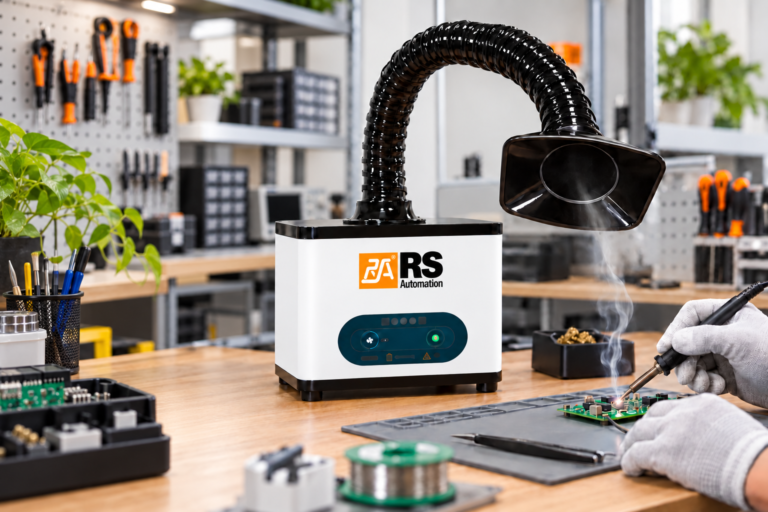 RSE-FP-240 application illustration showing solder fume capture at an electronics workbench